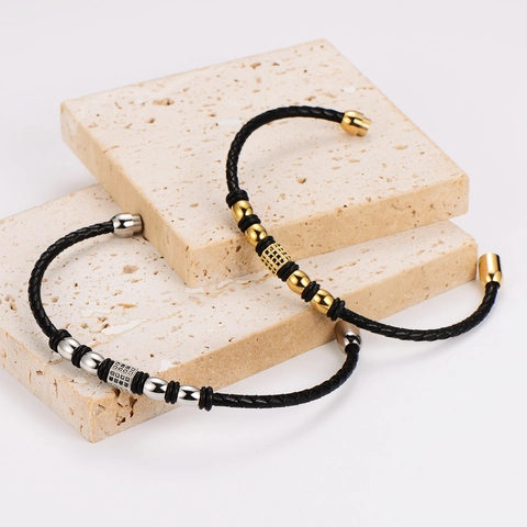 Pulsera De Cuero Trenzado Acero Inoxidable 304 Cierre Magnético Circonita Colgante Cuadrado Joyería Hombre Vintage
