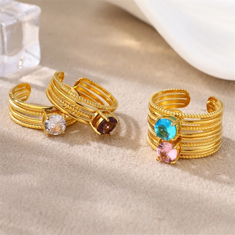 Mode Verstelbare Open Ring Roestvrij Staal Verguld Kleurrijke Zirkonia Hart Vierkant Geometrisch Voor Dames Elegant