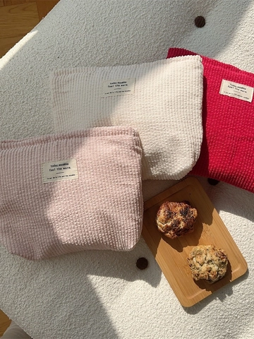 Women Corduroy Makeup Bag Solid Color Portable Toiletry Pouch Korean Ins Style Soft Canvas Lining Zipper Storage