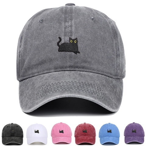 Cappello Da Baseball In Cotone Lavato Ricamo Gatto Nero Retro Regolabile Dad Hat Protezione Solare Stile Vintage
