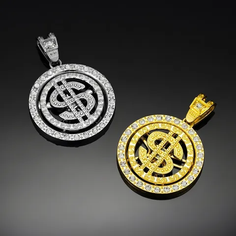 Iced Out Dollar Sign Pendant Necklace Spinning Money Symbol Zinc Alloy Rhinestone Cuban Chain Hip Hop Jewelry Men
