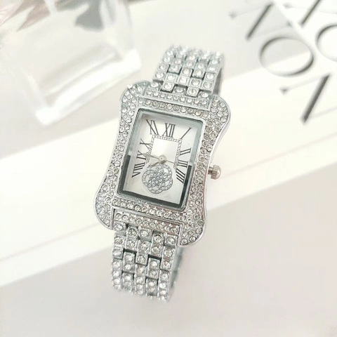 Lussuoso Orologio al Quarzo da Donna in Lega di Strass Quadrante Quadrato con Numeri Romani e Motivo Floreale Orologio alla Moda