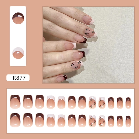 French Style Cherry Pattern Press On Nails Square Round Short Artificial Fake Nails Glossy Detachable Plastic Manicure