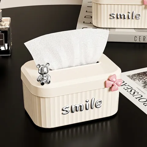Scatola Per Fazzoletti In Plastica ABS Stile Crema Porta Tovaglioli Da Tavolo Con Orso Argento E Fiocco Rosa