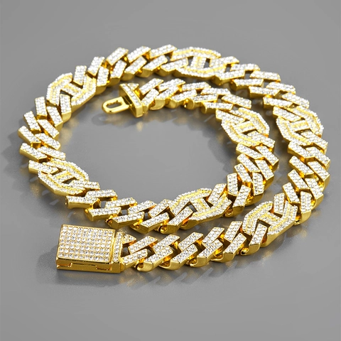Hip Hop Zinc Alloy Iced Out Cuban Link Necklace Rhinestone Rhombus Geometric Chain With Box Clasp For Men Women Jewelry