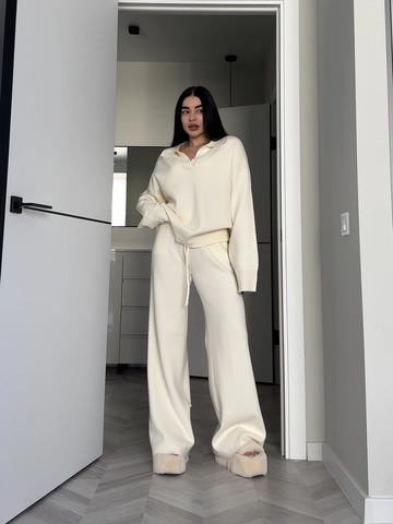 Strick-Polo-Oberteil Und Kordelzughose Damen Langarm Einfarbig Baumwolle Polyester Loungewear Herbst Winter Lässig Oversized