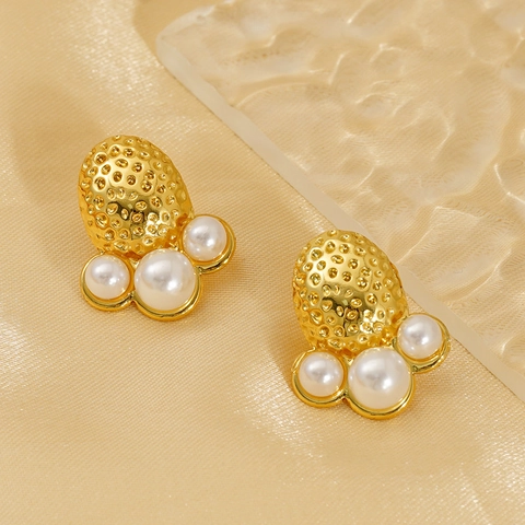 Edelstahl Künstliche Perlenstecker Ohrringe Mit 18K Vergoldung Hammerschlag Textur Vintage Eleganter Stil Schmuck Für Damen