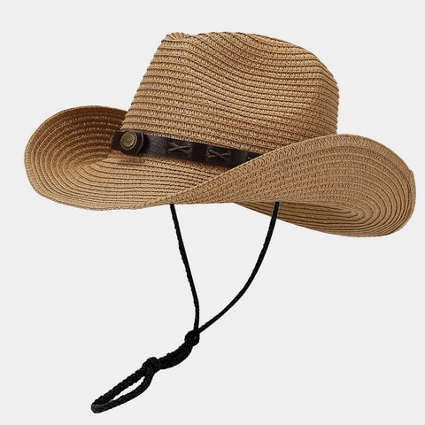 Sombrero Vaquero Paja Western Vintage Tejido Protección Solar Transpirable Con Banda Cuero Sintético Y Cordón Ajustable