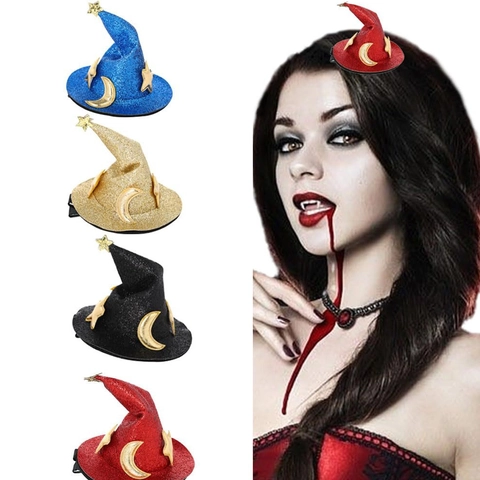 Mini Fermagli Per Capelli Cappello Da Strega Paillettes Tessuto Non Tessuto Con Stella Luna Oro Per Halloween Festa Cosplay Ragazze Donne