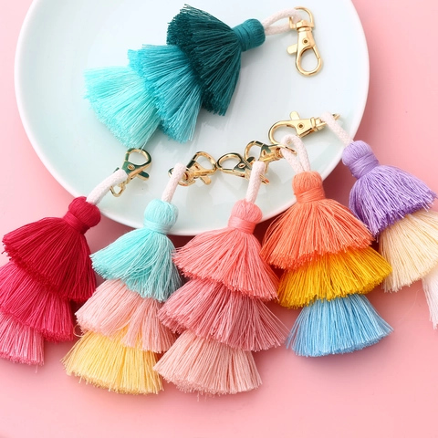 Boho Handmade Multi-layer Cotton Thread Tassel Keychain Ethnic Style Gradient Bag Pendant Metal Lobster Clasp Key Ring For Women