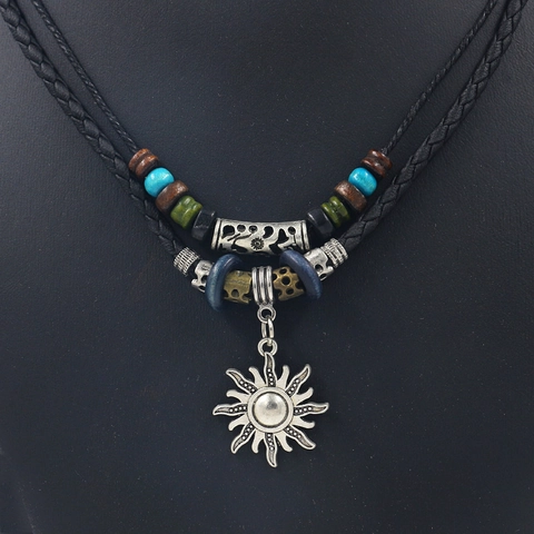Sun Pendant Necklace Men Retro Double Layer Braided Leather Rope Wood Beads Ethnic Tribal Style