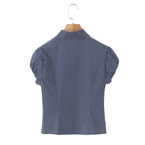 Women Polka Dot Shirt Polyester Short Puff Sleeve Button Down Lapel Collar Retro Sweet Summer Blouse For Lady