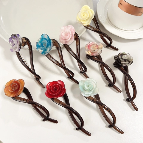 Pinza Para El Cabello De Flor De Rosa Elegante Retro Resina De Acetato Clip De Banana Para Mujer Peinado De Moño
