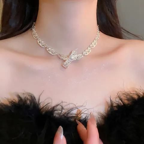 Collana Di Künstliche Perle Con Fiocco In Pizzo Cavo In Lega Per Donna Gioielli Con Ciondolo A Nastro Argentato Vintage Elegante