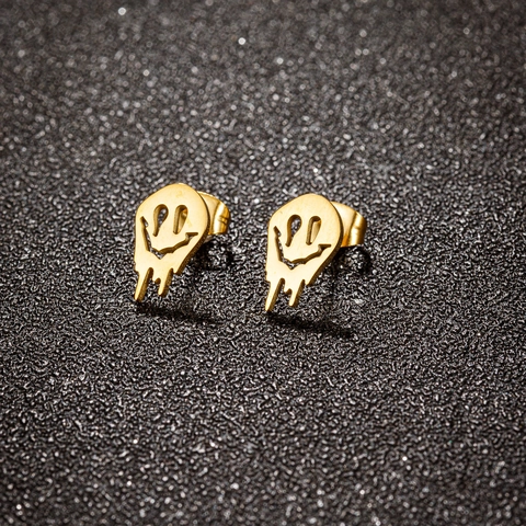 Melting Smiley Face Stud Earrings Stainless Steel Dripping Liquid Hollow Out Gothic Streetwear Halloween Jewelry For Women