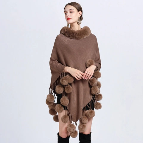 Poncho In Maglia Da Donna Con Collo In Pelliccia Sintetica E Pompon Pullover Elegante Mantella Autunno Inverno