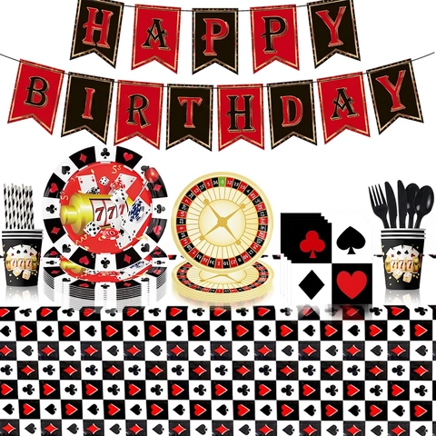 Papier Kunststoff Casino Geburtstag Party Zubehör Teller Becher Servietten Tischdecke Banner Roulette Poker Nacht Dekorationen