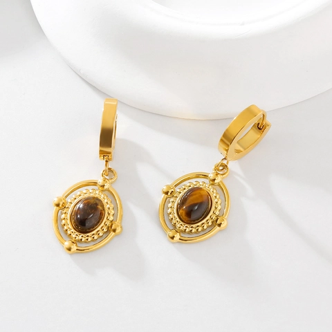 Vintage Edelstahl Tigerauge Ohrhänger Für Damen Vergoldet Böhmischen Palast Stil Mode Schmuck Geschenk