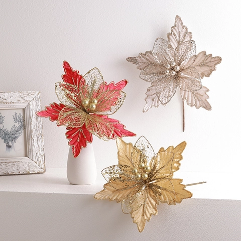 Artificial Poinsettia Flowers Glitter Mesh Velvet Christmas Tree Decorations Holiday Party Home Ornaments