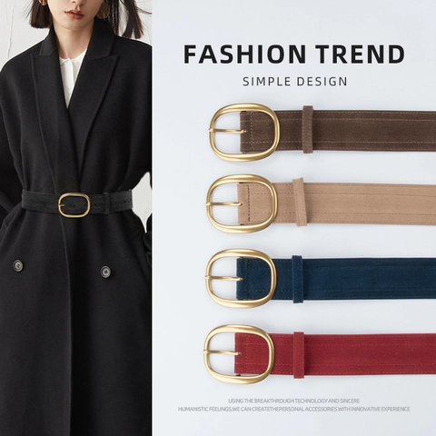 Women's Wide Corset Belt Split Cowhide Leather Suede Frosted Surface Gold Oval Alloy Buckle Vintage Elegant Waistband