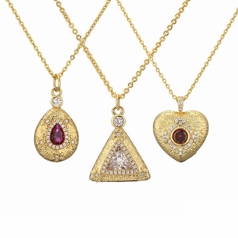 Geometric Pendant Necklace Copper Gold Plated Heart Waterdrop Triangle Zircon Rhinestone Vintage Elegant Jewelry Women