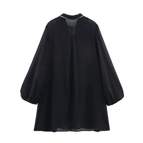 Chiffon Mini Dress Long Lantern Sleeve Polo Collar Contrast Piping Lace Up Bow High Waist French Vintage Style