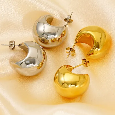 Pendientes Aro Gruesos Acero Inoxidable Chapado Oro 18K Gota De Agua Huecos Forma C Pulidos Joyería Moda Minimalista Mujer