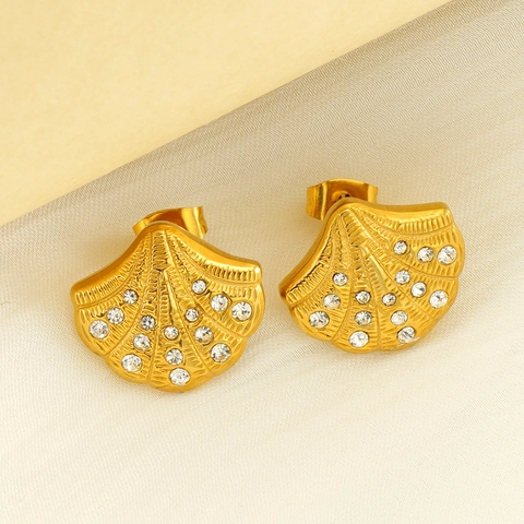 Pendientes De Botón Concha Acero Inoxidable Chapado En Oro 18K Con Diamantes De Imitación Joyería De Moda Para Mujer