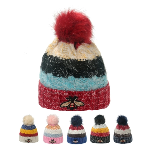 Women Warm Knitted Beanie Hat Striped Pattern Bee Embroidery Faux Fur Pom Pom Thickened Winter Outdoor Fashion