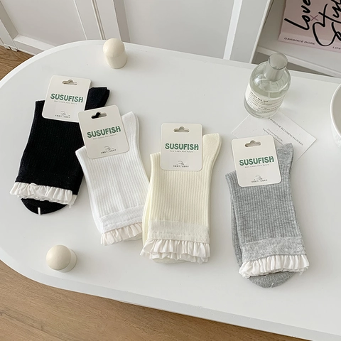 Calcetines Media Pantorrilla Mujer Mezcla De Algodón Ribete De Encaje Punto Canalé Estilo Japonés Color Sólido