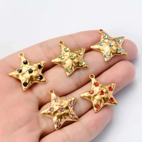 Star Pendant Charm Stainless Steel Colorful Rhinestone For DIY Jewelry Making Necklace Earring Vintage Gold Plated