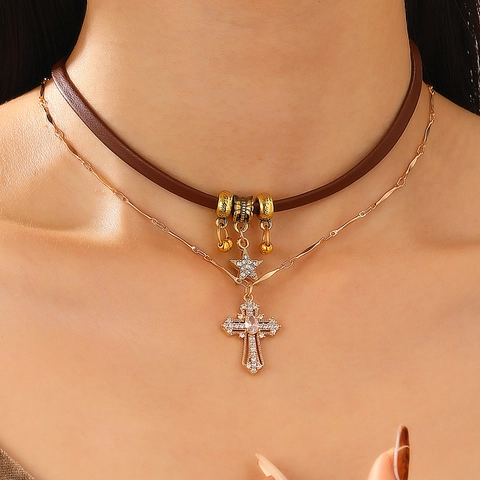 Vintage Double Layer Cross Star Pendant Necklace For Women Gold Plated Alloy Brown Leather Choker Bohemian Jewelry Gift