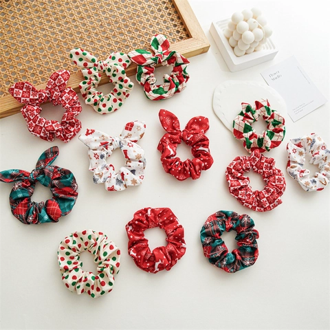 Christmas Hair Scrunchies Fabric Elastic Bow Knot Rabbit Ears Hair Ties Snowflake Reindeer Plaid Holiday Headwear For Girls