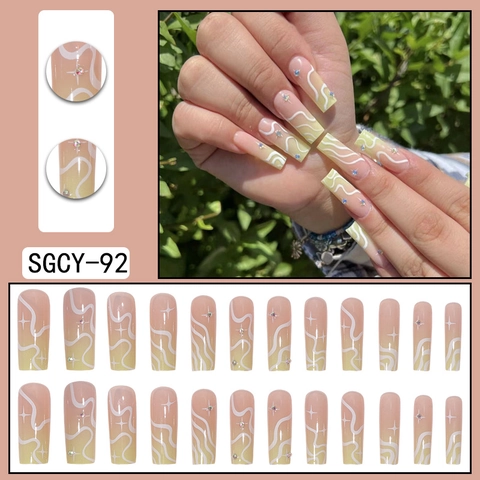 Uñas Press On Forma Ataúd Larga Degradado Rosa Amarillo Líneas Onduladas Diamantes Imitación Estrellas Uñas Postizas