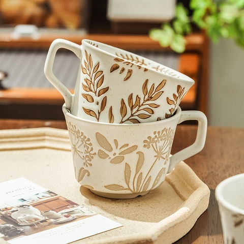 Ceramic Mug Hand Painted Plant Leaf Pattern Stoneware Retro Coffee Cup With Handle Nordic Style Home Kitchen