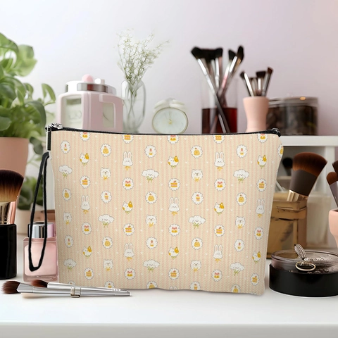 Cartoon Animal Print Cosmetic Bag Linen Zippered Makeup Pouch With Hand Strap Portable Toiletry Organizer For Women