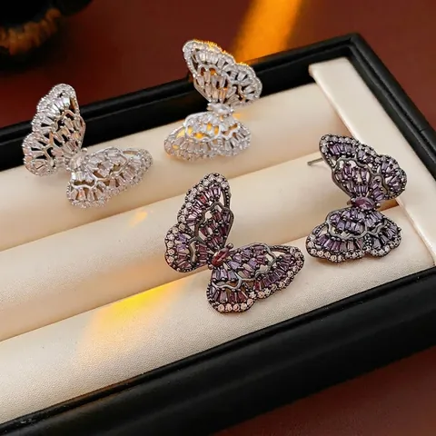 Elegant Butterfly Stud Earrings Copper Zircon Micro Inset With Silver Earring Post Korean Style Luxury Accessories For Women
