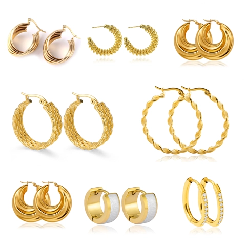 18K Gold Plated Stainless Steel Hoop Earrings Multi Layer Geometric Textured Ins Style High Sense Trendy Jewelry For Women
