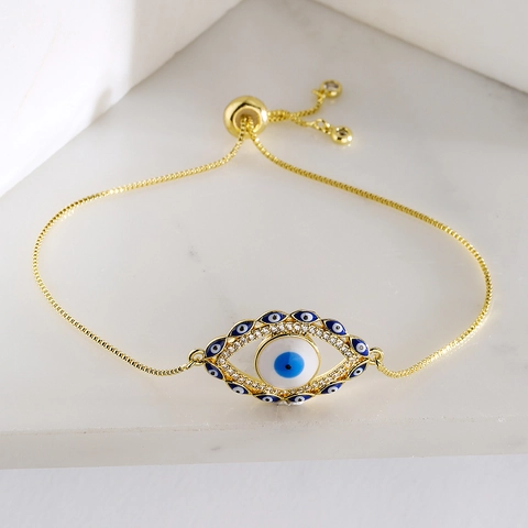 Evil Eye Armband Vergoldetes Kupfer Mit Zirkonia Und Emaille Verstellbarer Schiebeverschluss Boho Schmuck Für Damen