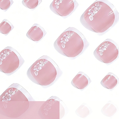 French Glossy Short Square Press On Toenails ABS Plastic White Flower Pattern Women Artificial Toe Nails