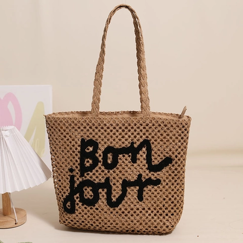 Women Straw Woven Tote Bag Letter Embroidery Hollow Out Summer Beach Shoulder Handbag French Style Vacation