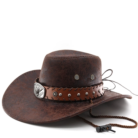 Cappello Da Cowboy Occidentale Ecopelle Tesa Larga Fibbia Testa Di Toro Borchie Corda Antivento Regolabile Jazz Fedora