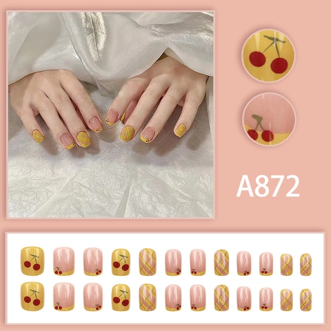 Unghie Finte Corte Quadrate Motivo Ciliegia Quadri Gialli Stile Francese Dolce Plastica Per Donne