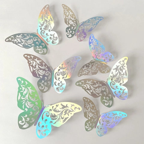 Adesivi Murali a Farfalla Cava 3D Effetto Metallico Arcobaleno Olografico Adesivi a Farfalla Fai Da Te Per Decorazione Casa Festa Matrimonio