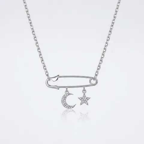 Collana A Spilla Da Balia In Argento Sterling 925 Con Ciondoli Luna E Stella Zirconia Gioielli Scintillanti Donna