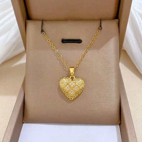 Hart Hanger Ketting Verguld Titanium Stalen Ketting Koper Micro Ingezette Zirconia Raster Textuur Vrouwen Elegante Sieraden