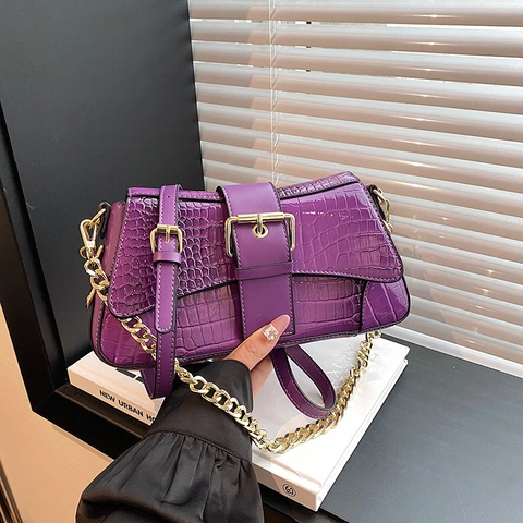 Borsa Sottobraccio Donna Motivo Coccodrillo Pelle PU Catena Dorata Patta Quadrata Borsa A Tracolla Moda Versatile