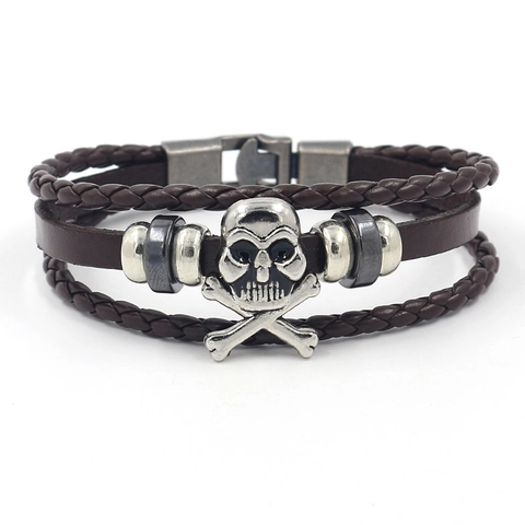 Punk Totenkopf Mehrlagiges Geflochtenes PU Leder Armband Retro Legierung Anhänger Herren Armreif Schmuck