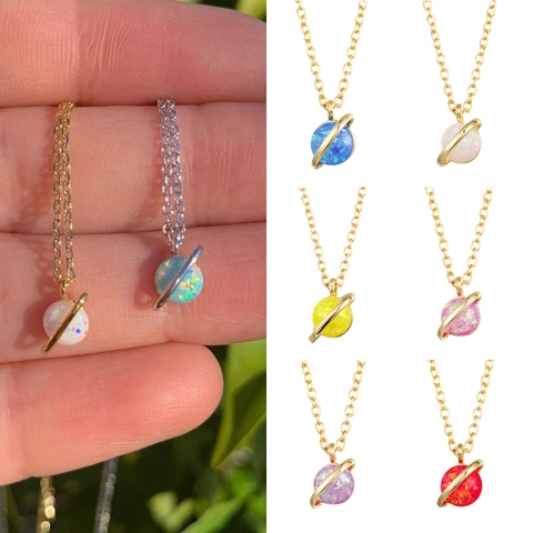 Planet Pendant Necklace Gold Plated Copper Synthetic Opal Saturn Charm Minimalist Celestial Jewelry For Women