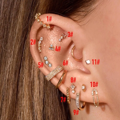 Copper Zirconia Piercing Earring Stud For Women Paperclip Heart Geometric Ear Cartilage Ring Gold Silver Plated Jewelry Gift
